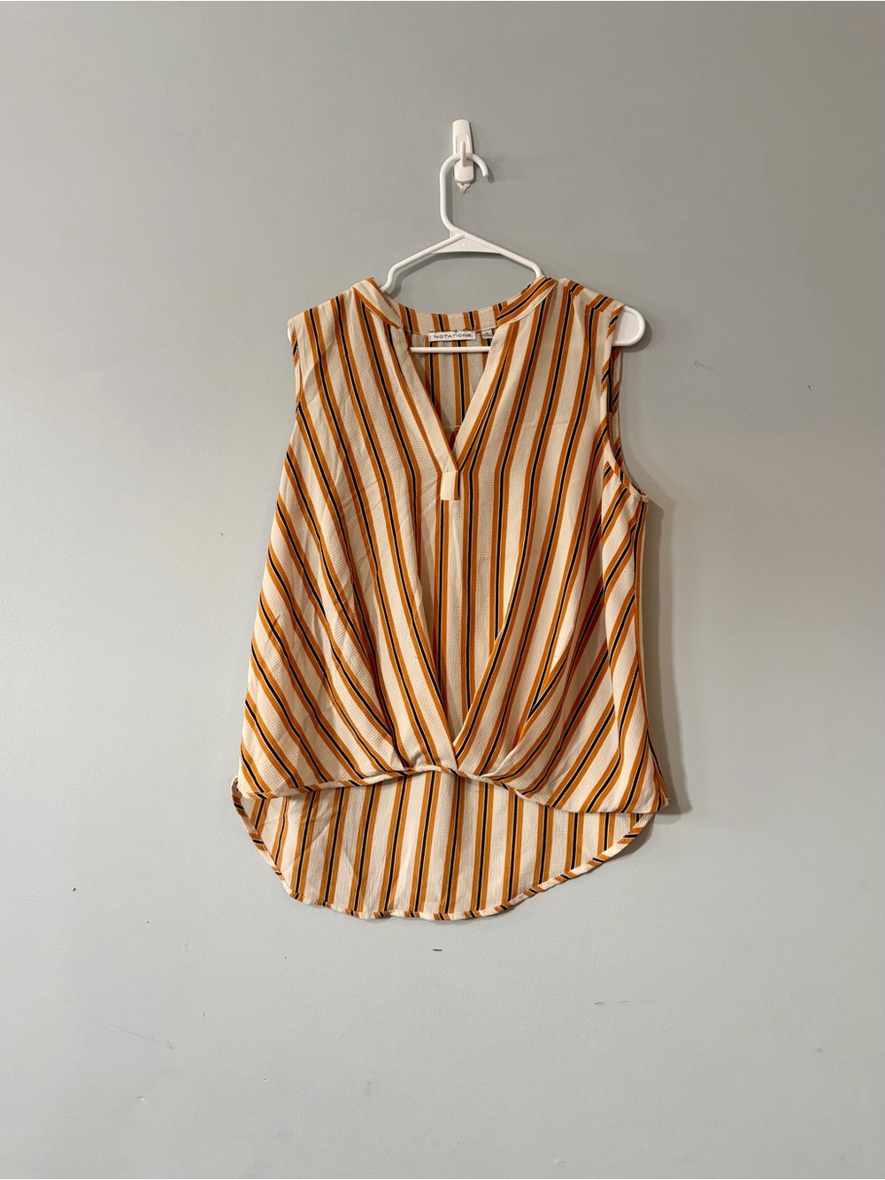 Notations Sleeveless Striped V-Neck Twist Front Top - Yellow/Brown